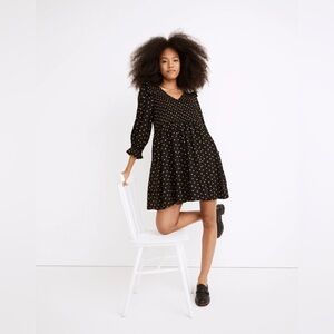 Madewell Womens Lucie Mini Dress V-Neck Smocked Oval Dot Black Pocket XS Cottage
